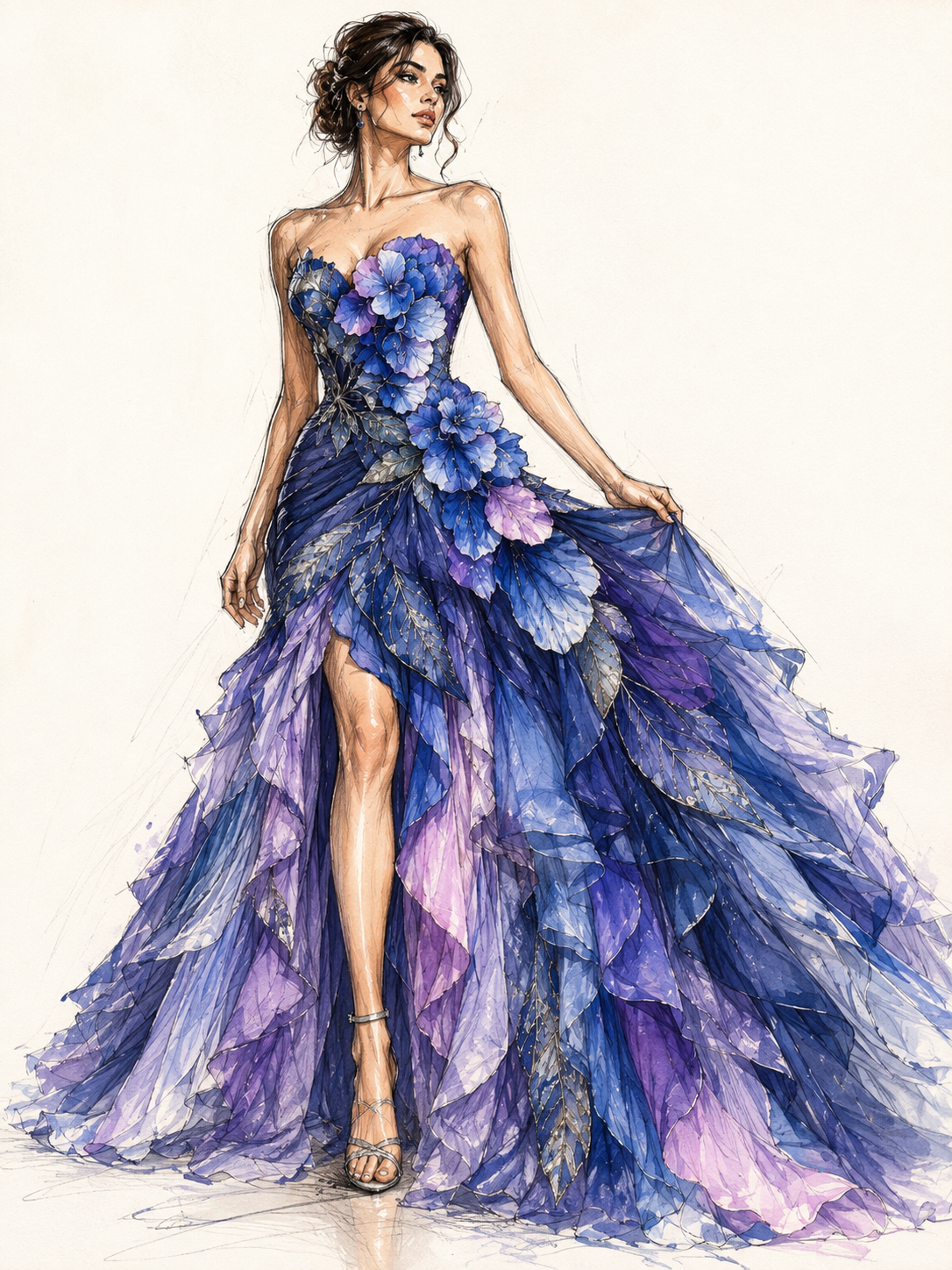 Fashion illustration of a strapless blue and violet floral gown with silver leaf accents, a high slit, and a flowing layered train