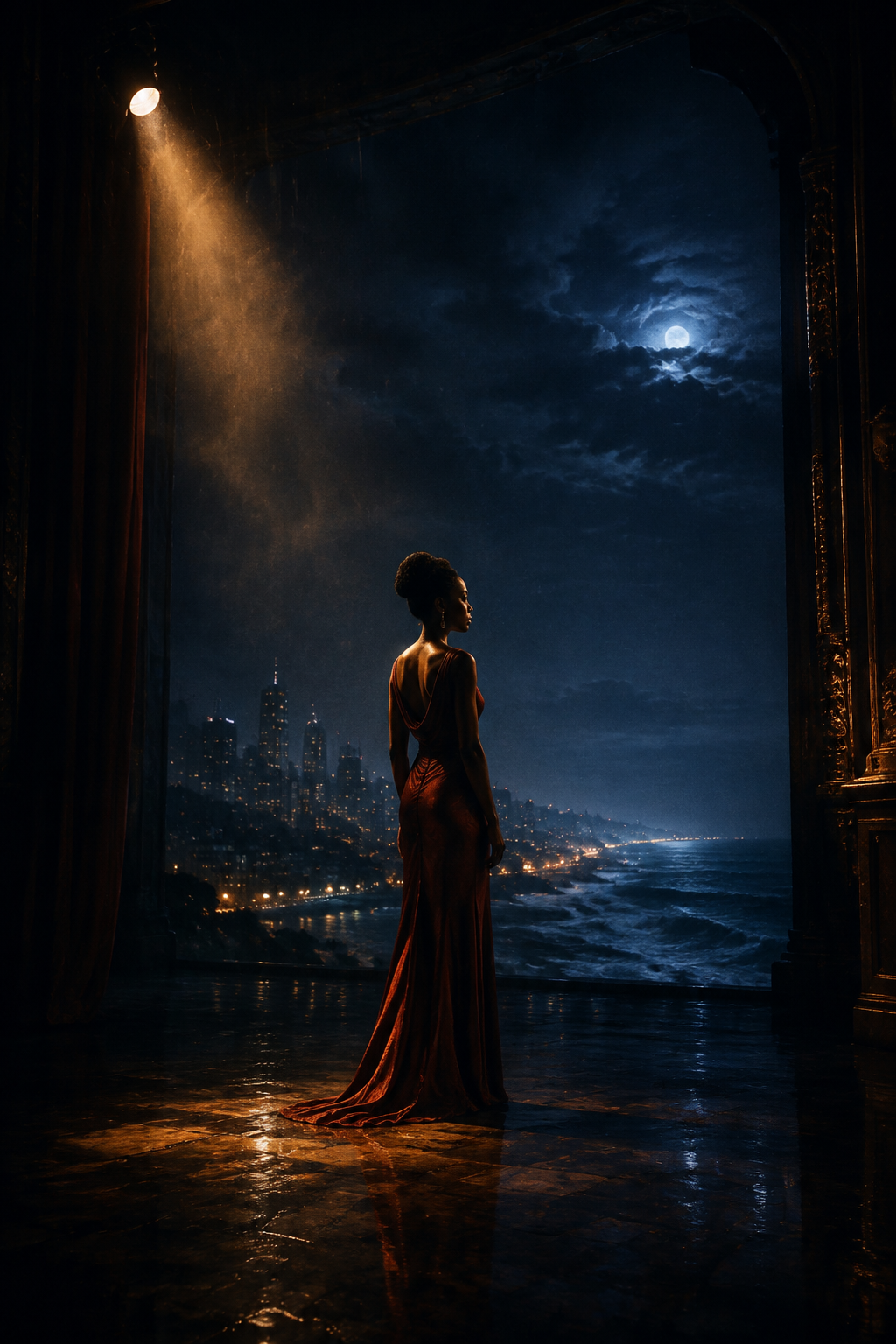 A woman in a red gown stands beneath a theater spotlight, looking out over a moonlit fictional city and coast.